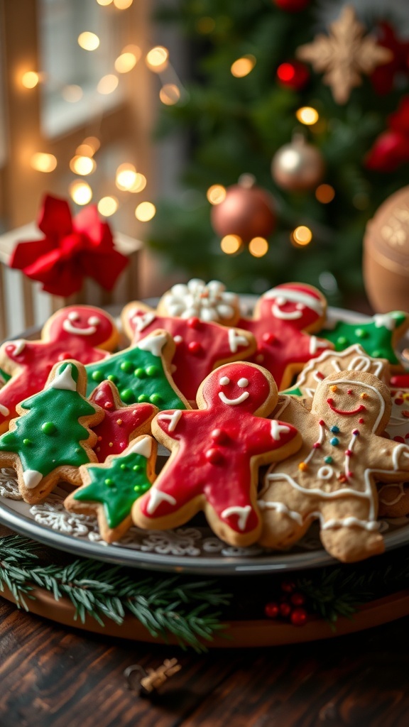 A festive display of Christmas cookies on a platter, decorated with icing and sprinkles, surrounded by holiday decorations.